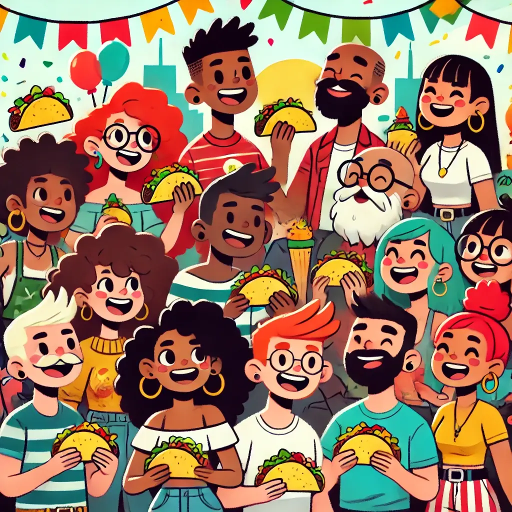 DALL·E 2025-01-01 21.26.13 - A playful illustration inspired by the provided style, featuring a diverse group of cartoon characters standing together joyfully with tacos in hand. 
